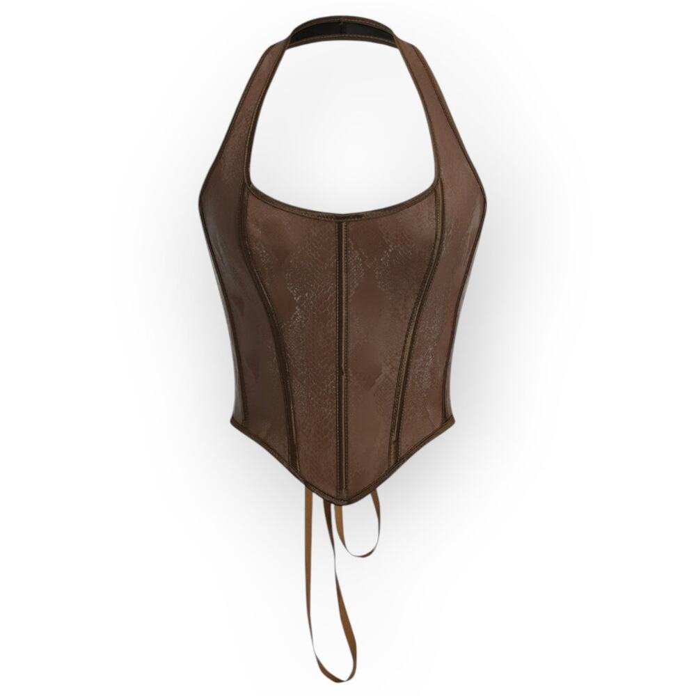 Micas Brown Faux Leather Snakeskin Lace-Up Corset Top – Size L